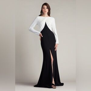 new Tadashi Shoji nelson long sleeve crepe gown in black and white